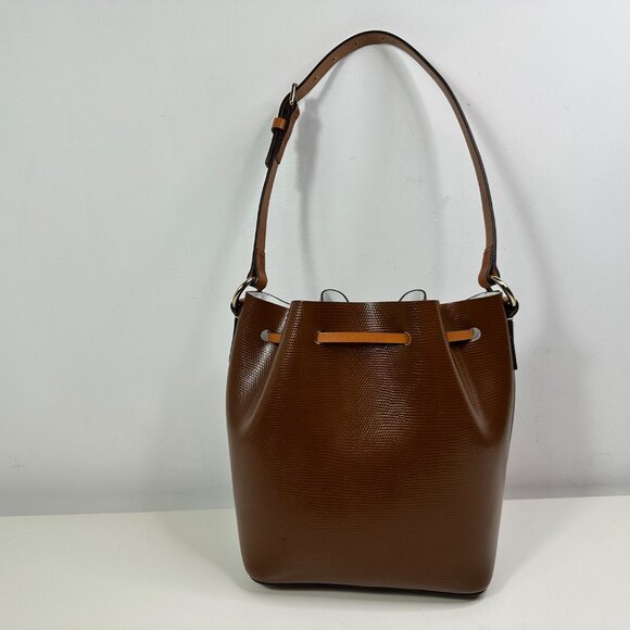 Dooney & Bourke Leather Drawstring Bucket Shoulder Bag Brown/Cream - Picture 9 of 14